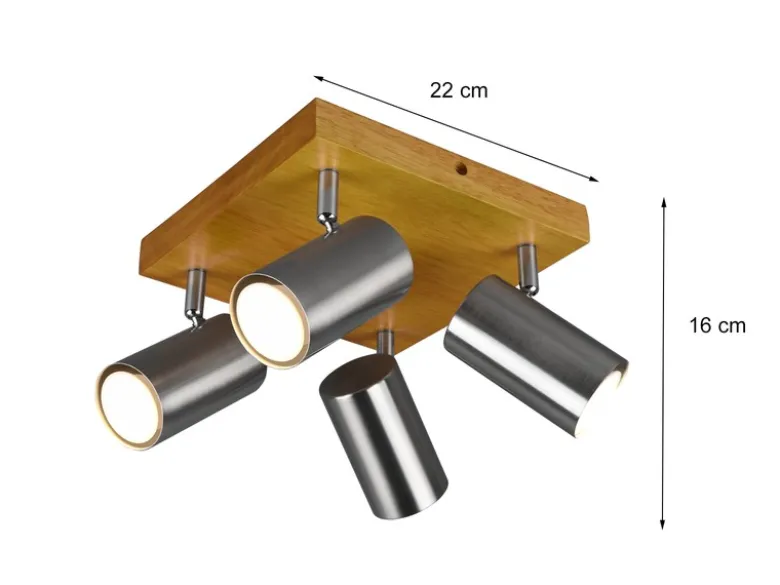 LED Deckenstrahler Silber mit Holz 4-flammig, Quadrat 22cm