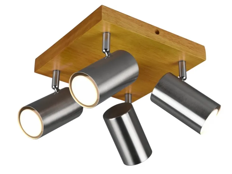 LED Deckenstrahler Silber mit Holz 4-flammig, Quadrat 22cm