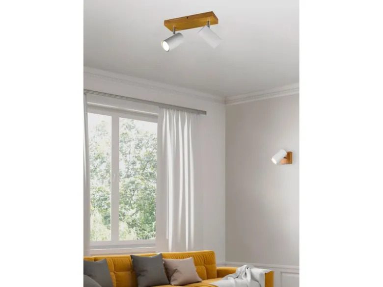 LED Deckenstrahler Weiß mit Holz 2-flammig, Breite 26cm