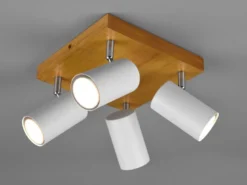 LED Deckenstrahler Weiß mit Holz 4-flammig, Quadrat 22cm
