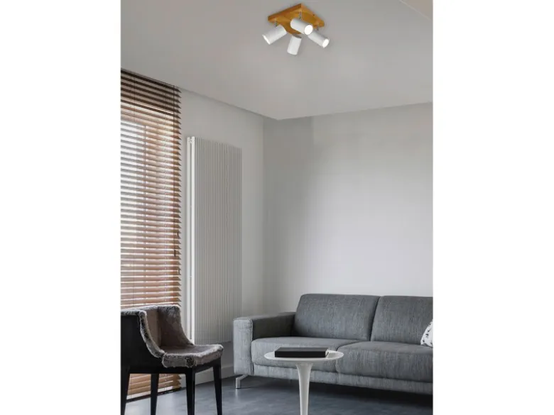 LED Deckenstrahler Weiß mit Holz 4-flammig, Quadrat 22cm