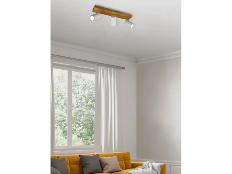 LED Deckenstrahler Weiß mit Holz 3-flammig, Breite 44cm