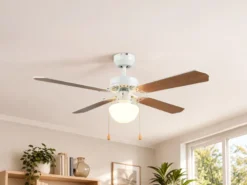 LED Deckenventilator mit Licht & Zugschalter, Weiß Holzoptik Ø 106,5cm