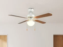 LED Deckenventilator mit Licht & Zugschalter, Weiß Holzoptik Ø 106,5cm