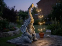 LED Deko Solarleuchte Elefantenlampe aus Kunststoff Grau, Höhe 32,5cm