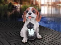 LED Deko Solarleuchte Hundelampe Beagle mit Laterne in Braun-Weiß, Höhe 26cm