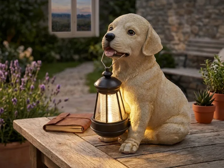 LED Deko Solarleuchte Hundelampe Welpe mit Laterne in Beige-Weiß, Höhe 26cm