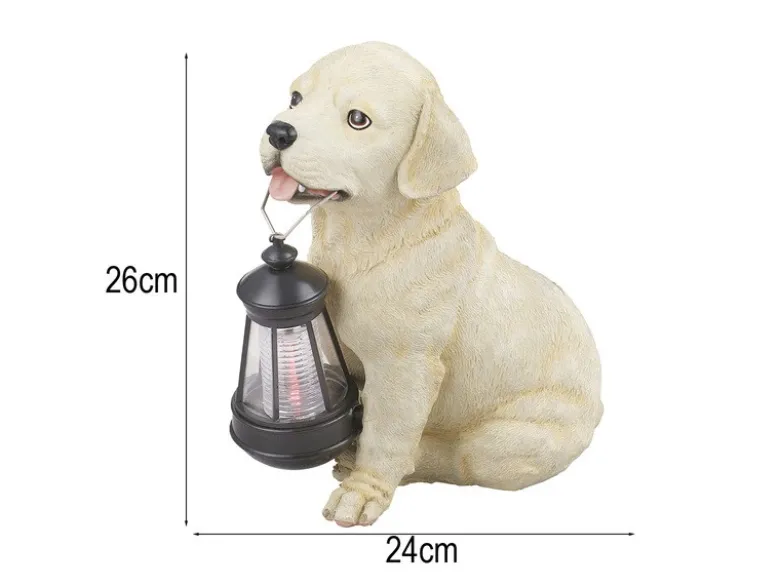 LED Deko Solarleuchte Hundelampe Welpe mit Laterne in Beige-Weiß, Höhe 26cm