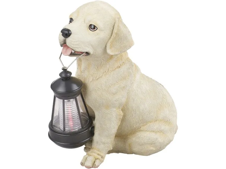 LED Deko Solarleuchte Hundelampe Welpe mit Laterne in Beige-Weiß, Höhe 26cm