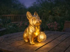 LED Deko Solarleuchte Hundelampe Bulldogge in Gold, Höhe 24,5cm