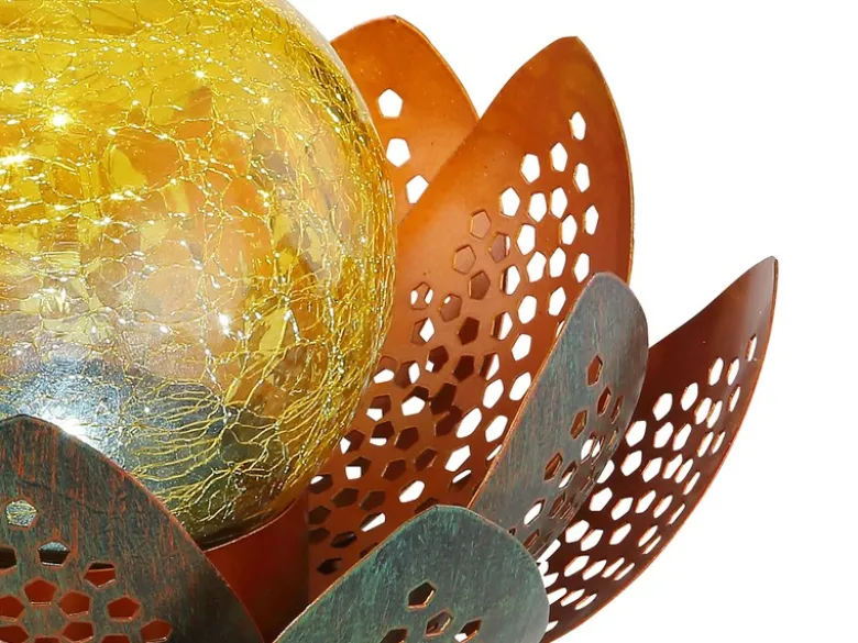 LED Deko Solarleuchte Seerose mit Crackleglas Kugel, Grün-Gold, Ø22cm