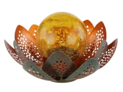 LED Deko Solarleuchte Seerose mit Crackleglas Kugel, Grün-Gold, Ø22cm