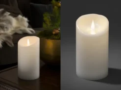 LED Echtwachskerze mit 3D Flamme & Timer, Ø 10cm, Höhe 18cm, Batteriebetrieb