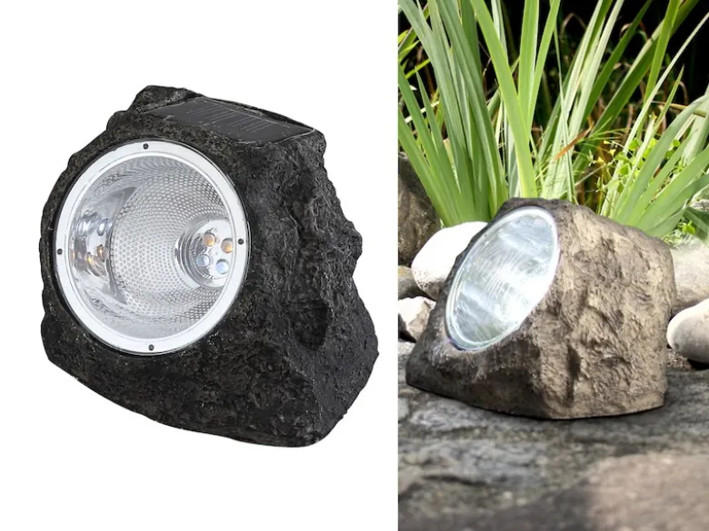 LED Gartendeko Solarleuchte in Steinoptik aus grauem Kunststoff