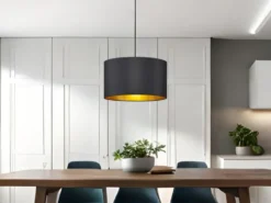 LED Hängelampe dimmbar mit Stoff Lampenschirm Schwarz & Gold, Ø 40cm