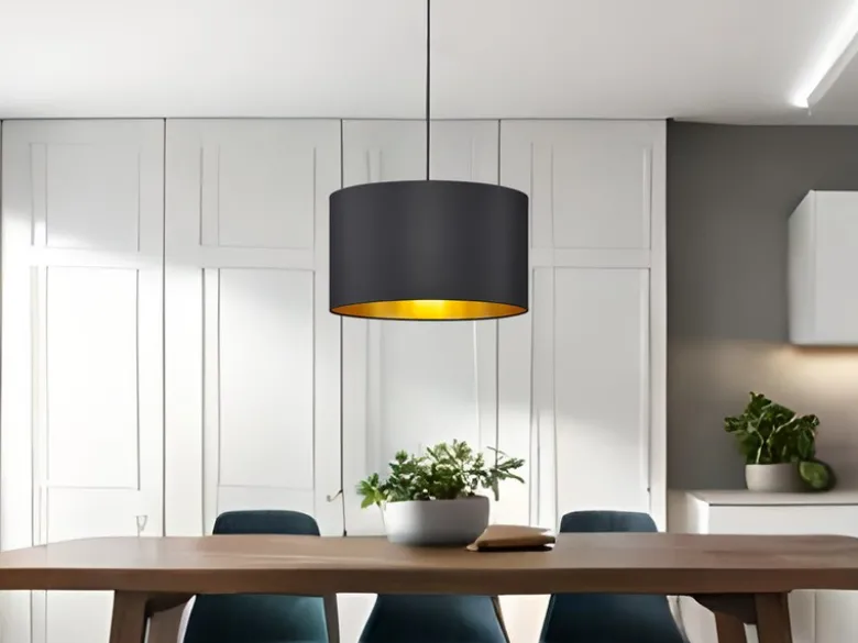 LED Hängelampe dimmbar mit Stoff Lampenschirm Schwarz & Gold, Ø 40cm