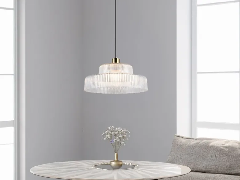 LED Hängelampe einflammig, Glas transparent / Messing matt, Ø 35cm