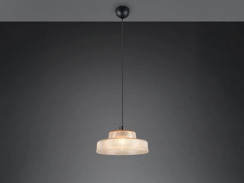 LED Hängelampe einflammig, Glas Amber / Metall Schwarz, Ø 35cm