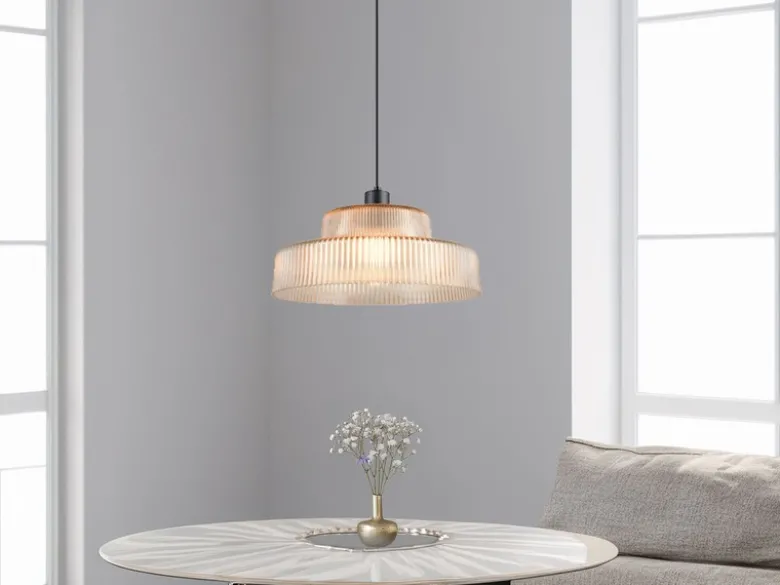LED Hängelampe einflammig, Glas Amber / Metall Schwarz, Ø 35cm