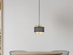 LED Hängelampe einflammig, Metall Gold mit Stoffblende Schwarz, Ø 21cm