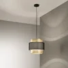 LED Hängelampe einflammig, Metall Gold mit Stoffblende Schwarz, Ø 35cm