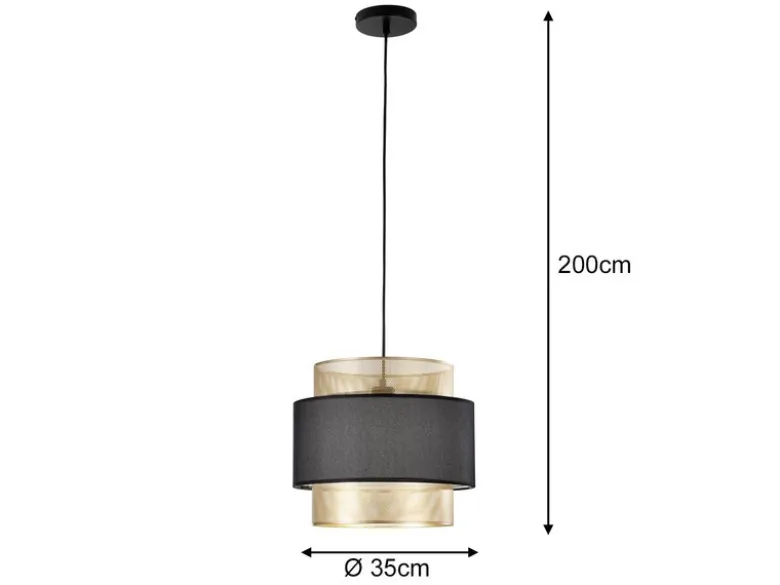 LED Hängelampe einflammig, Metall Gold mit Stoffblende Schwarz, Ø 35cm