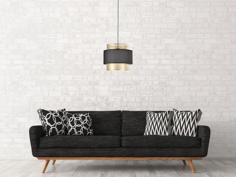 LED Hängelampe einflammig, Metall Gold mit Stoffblende Schwarz, Ø 35cm