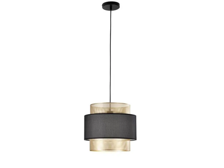 LED Hängelampe einflammig, Metall Gold mit Stoffblende Schwarz, Ø 35cm