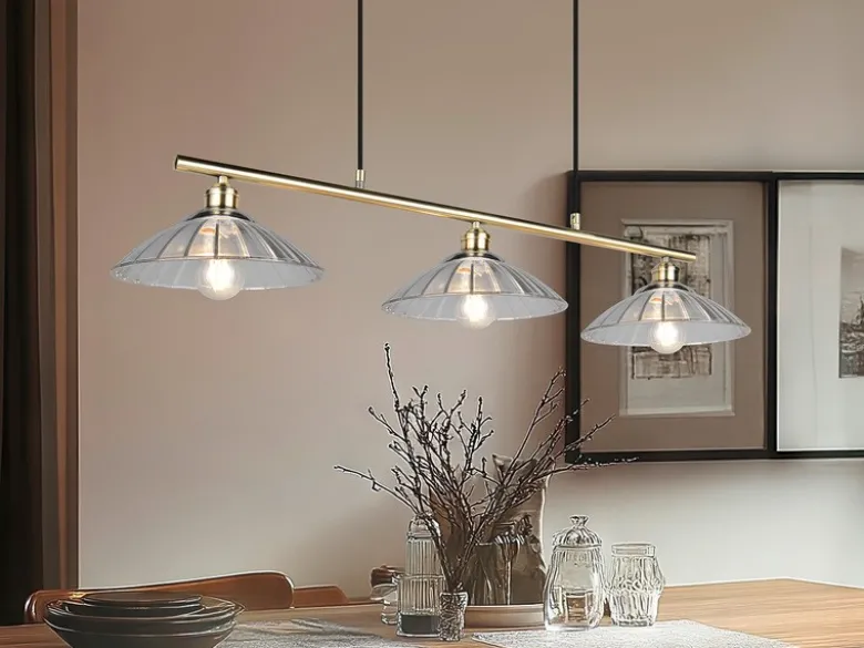 LED Hängelampe 3-flammig Altmessing, Glasschirme klar, Breite 100cm