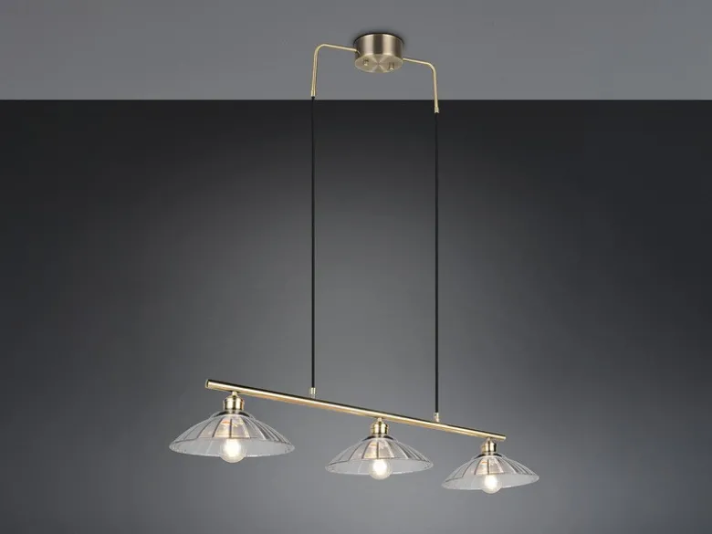 LED Hängelampe 3-flammig Altmessing, Glasschirme klar, Breite 100cm
