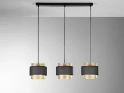 LED Hängelampe 3-flammig, Metall Gold mit Stoffblende Schwarz, Breite 85cm