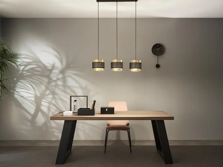LED Hängelampe 3-flammig, Metall Gold mit Stoffblende Schwarz, Breite 85cm