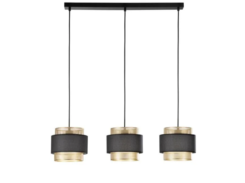 LED Hängelampe 3-flammig, Metall Gold mit Stoffblende Schwarz, Breite 85cm