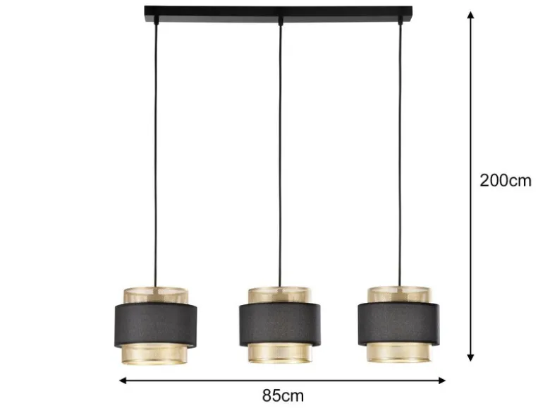 LED Hängelampe 3-flammig, Metall Gold mit Stoffblende Schwarz, Breite 85cm