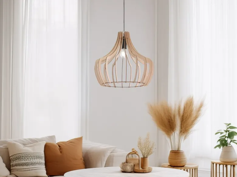 LED Hängeleuchte mit Lampenschirm aus Naturholz Lamellen, Ø 44cm