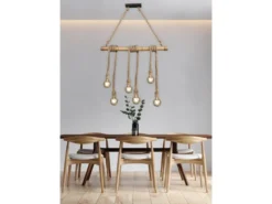 LED Holzbalken Pendelleuchte 6-flammig mit Bambusrohr & Tau, Breite 100cm