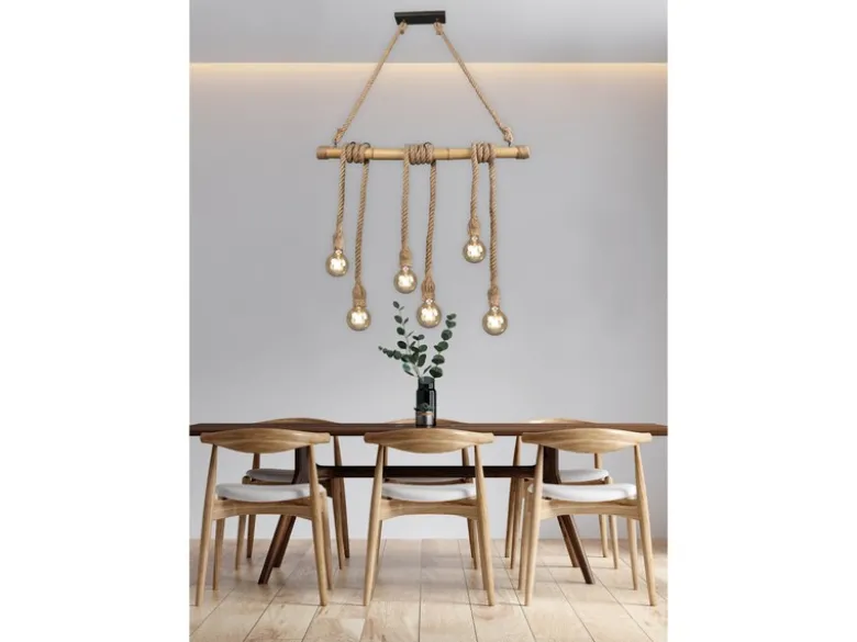 LED Holzbalken Pendelleuchte 6-flammig mit Bambusrohr & Tau, Breite 100cm