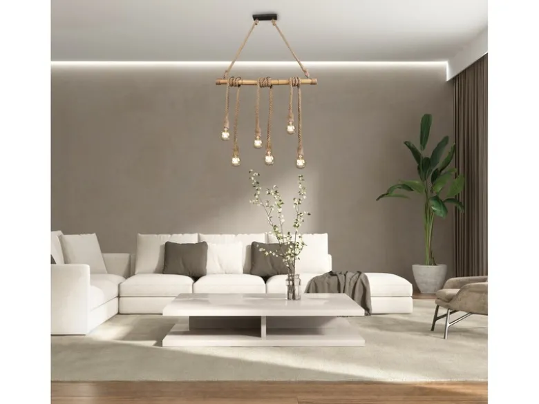 LED Holzbalken Pendelleuchte 6-flammig mit Bambusrohr & Tau, Breite 100cm