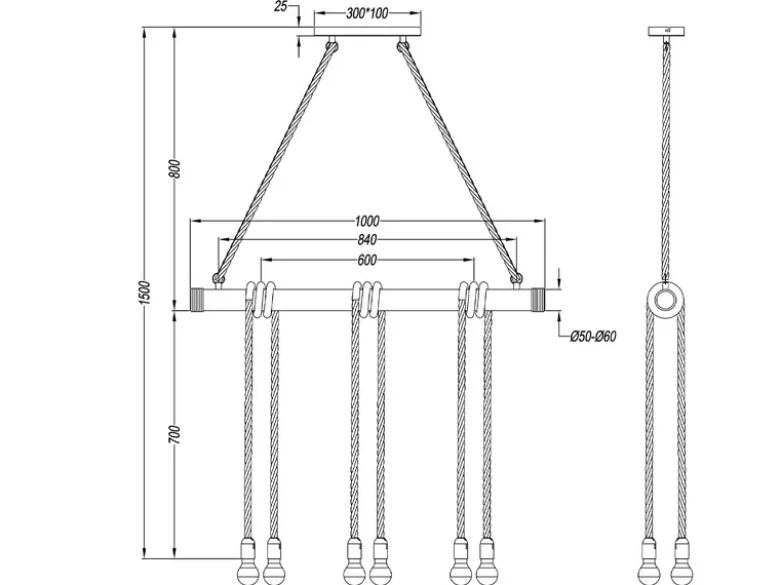 LED Holzbalken Pendelleuchte 6-flammig mit Bambusrohr & Tau, Breite 100cm