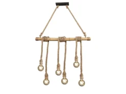 LED Holzbalken Pendelleuchte 6-flammig mit Bambusrohr & Tau, Breite 100cm