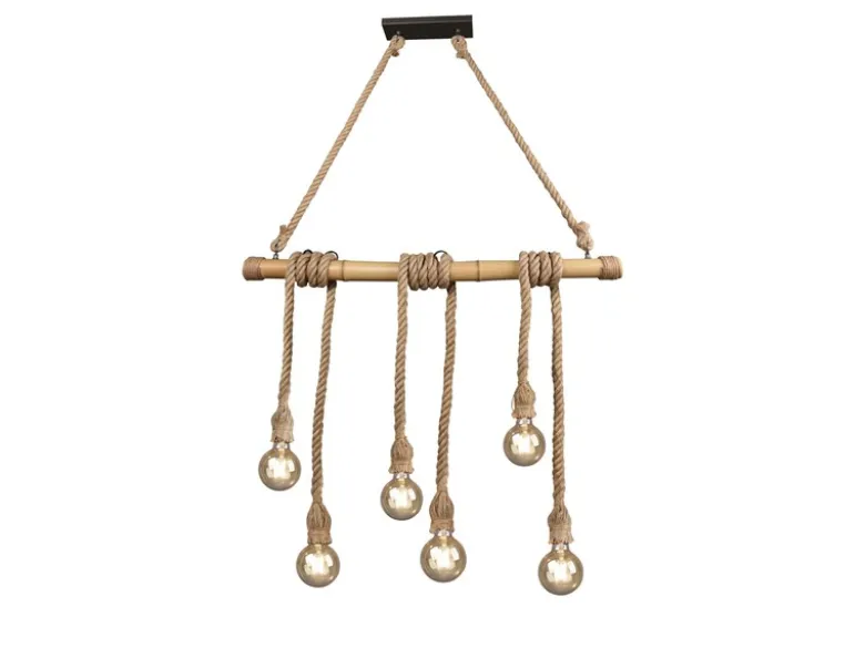 LED Holzbalken Pendelleuchte 6-flammig mit Bambusrohr & Tau, Breite 100cm