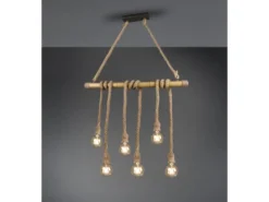 LED Holzbalken Pendelleuchte 6-flammig mit Bambusrohr & Tau, Breite 100cm