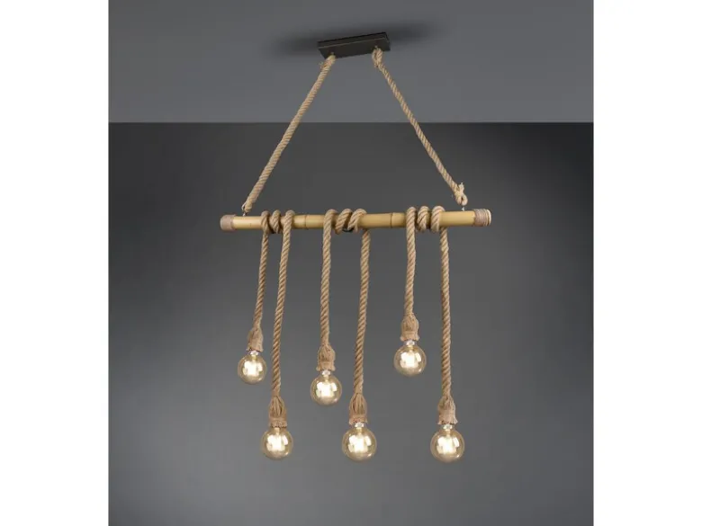 LED Holzbalken Pendelleuchte 6-flammig mit Bambusrohr & Tau, Breite 100cm
