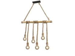 LED Holzbalken Pendelleuchte 6-flammig mit Bambusrohr & Tau, Breite 100cm