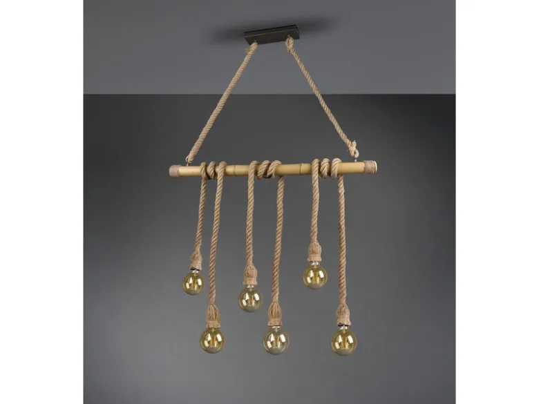 LED Holzbalken Pendelleuchte 6-flammig mit Bambusrohr & Tau, Breite 100cm