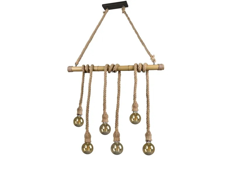 LED Holzbalken Pendelleuchte 6-flammig mit Bambusrohr & Tau, Breite 100cm