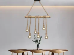 LED Holzbalken Pendelleuchte 6-flammig mit Bambusrohr & Tau, Breite 100cm
