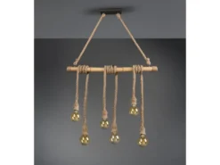 LED Holzbalken Pendelleuchte 6-flammig mit Bambusrohr & Tau, Breite 100cm