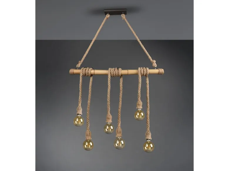 LED Holzbalken Pendelleuchte 6-flammig mit Bambusrohr & Tau, Breite 100cm