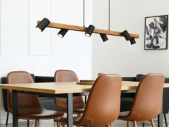 LED Holzbalken Pendelleuchte 6-flammig lang Schwarz, Breite 115cm